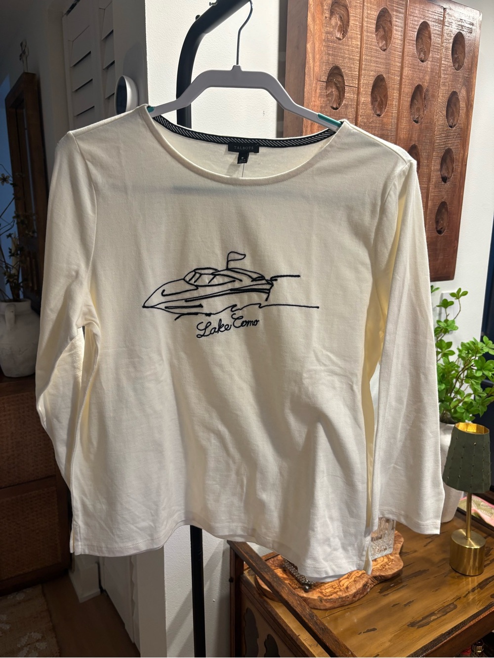 Talbots Lake Como Embroidered Boat Long Sleeve Top Ivory M NWT